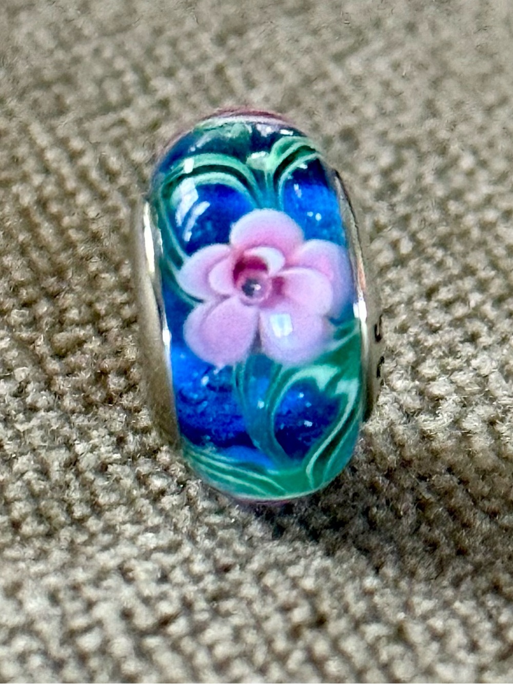 Blue Glass Floral Murano Charm with Pink Flower Accent fit Pandora bracelets